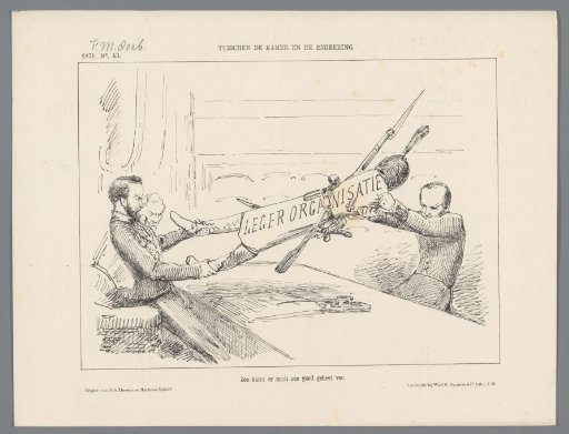Satirical print on the endless debates about army organization in the Second Chamber, 1871
