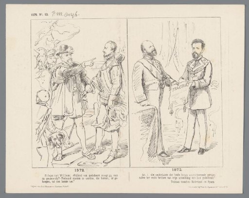 Cartoon on the treaty between the Netherlands and Spain regarding freedom of religion, 1872