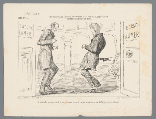 Satirical print on the discussion regarding the connection of the Rhijnspoorweg in Rotterdam, 1875