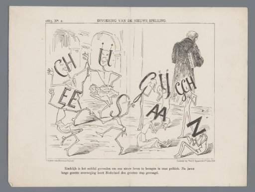 Cartoon on the introduction of the new spelling, 1883