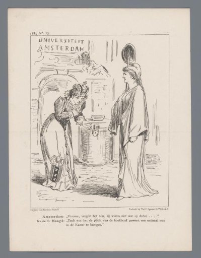 Cartoon featuring the Amsterdam Maiden and the Dutch Maiden, 1883