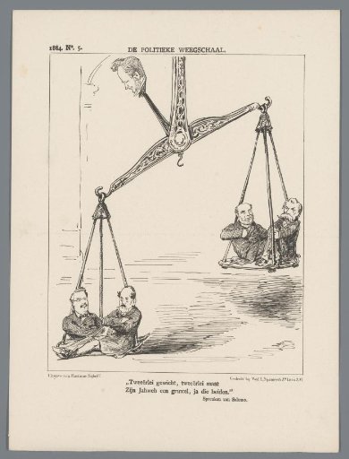 Political cartoon with ministers on a scale, 1884