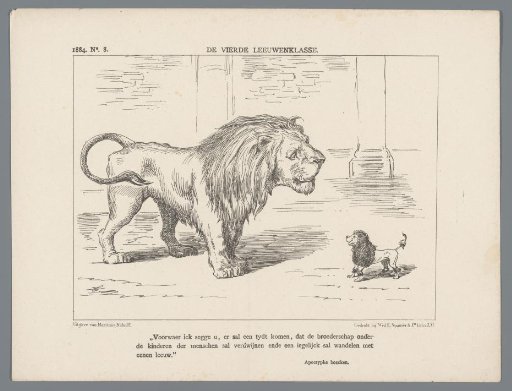 Political cartoon with a lion and a small dog, 1884