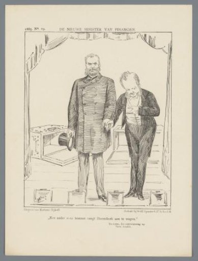 Caricature in which Minister Heemskerk presents the new Minister of Finance Bloem, 1885