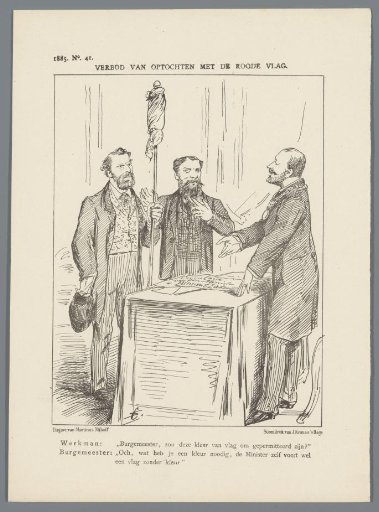 Caricature on the ban on demonstrations with a red flag, 1885