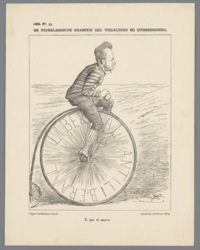 Political cartoon with Minister Heemskerk as a cyclist, 1886