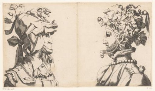 Two male busts with masks and fanciful headgear