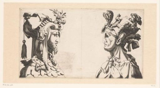 Two male busts with masks and fanciful headgear