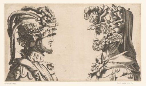 Two male busts with masks and fanciful headgear