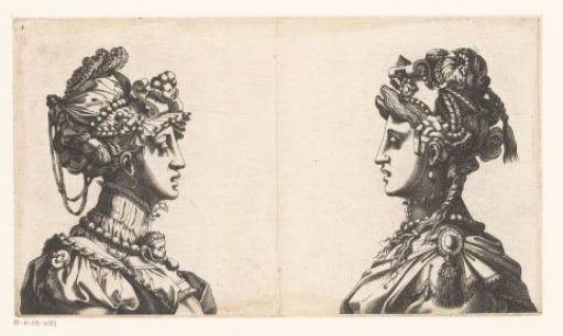 Two female busts with masks and fanciful headgear