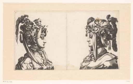 Two female busts with masks and fanciful headgear
