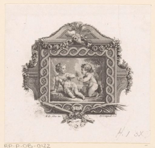 Vignette with putti holding flowers