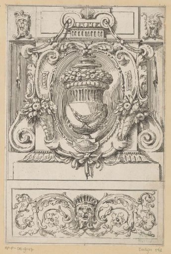 Ornamental vase in an oval wall niche, on a frieze with a mask and arabesques