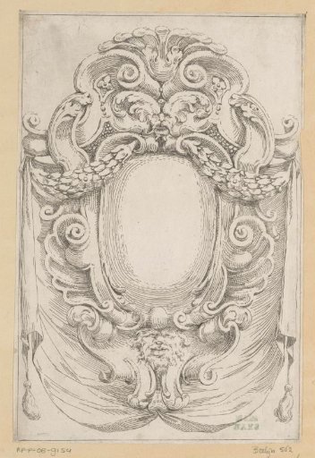 Cartouche with two heads and garlands