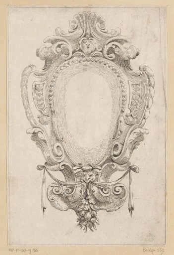 Cartouche with two masks and a bunch of fruit