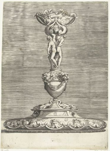 Candelabrum on a Base, Decorated with Masks and Fish Above