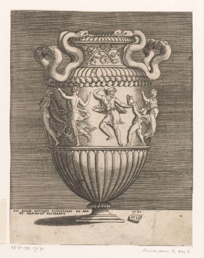 Ornamental vase with two handles with snakes and a frieze of dancing figures