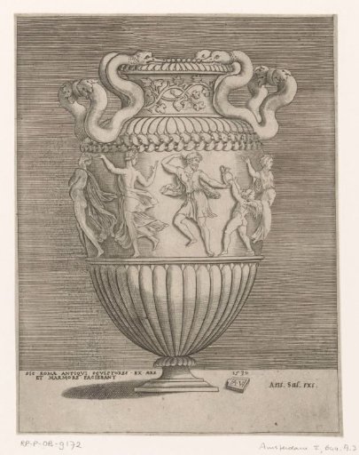 Ornamental vase with two handles with snakes and a frieze of dancing figures