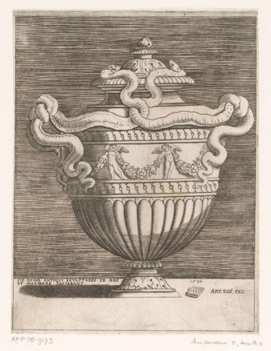 Ornamental vase with two handles of snakes and a rim of putti and garlands