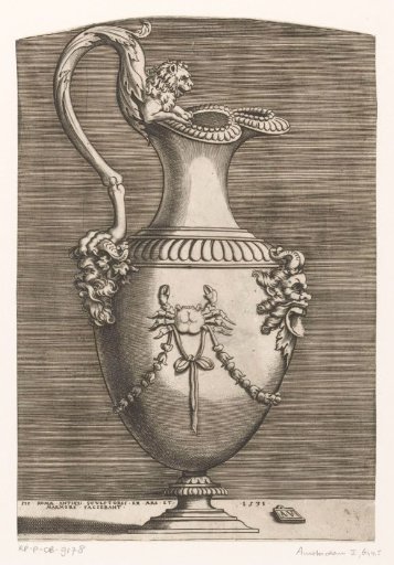 Ornamental jug with lion, masks and a crab