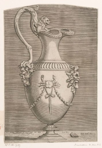 Ornamental jug with lion, masks and a crab