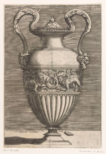 Ornamental vase with two handles and a rim of lions and a ring