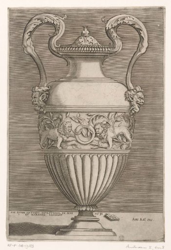 Ornamental vase with two handles and a rim of lions and a ring