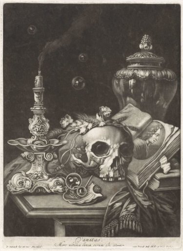 Vanitas Still Life with a Flower-Crowned Skull