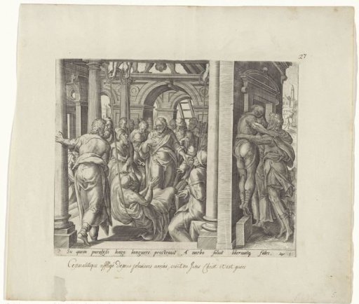 Christ healing a paralytic man who was let down through the roof