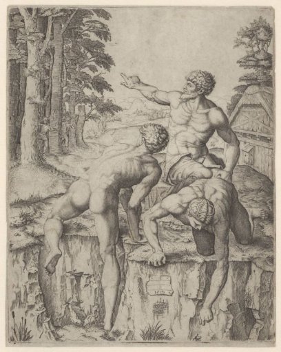 Three naked men in a landscape