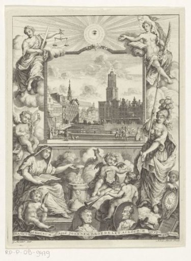 City view with the Dom Church in Utrecht and an allegory with the maid of Utrecht