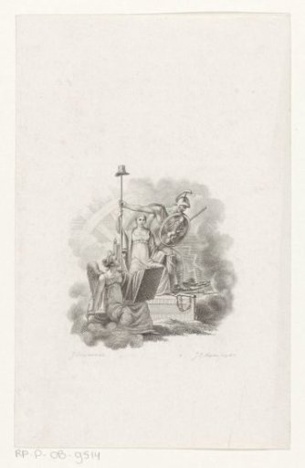 Allegorical representation with a woman holding a liberty cap on a spear