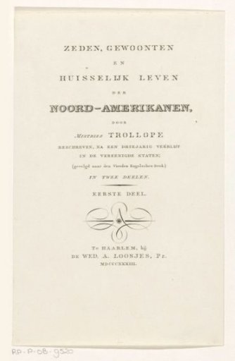 Title page for: Frances Milton Trollope, Manners, Customs, and Domestic Life of the North Americans, 1833