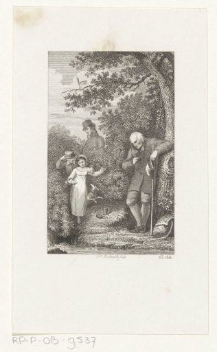 Father with children and an old man in a forest