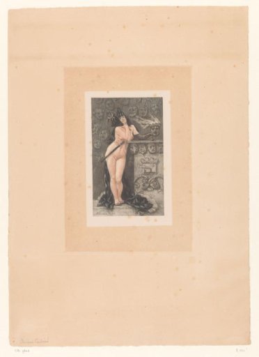 Standing naked woman in front of a wall with masks
