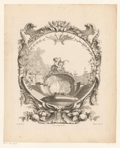 Putto with a ram in a garden landscape