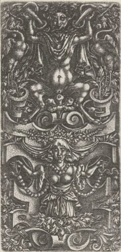 Woman with a headscarf and a bead garland before a scrollwork construction