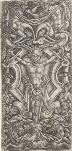 Shield of scrollwork with a herm standing before it