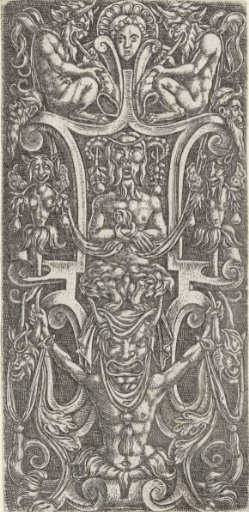 In the center sits a satyr on a man with a large mask