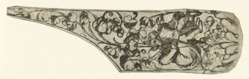 Case (?) decorated with leafy tendrils containing a loving couple