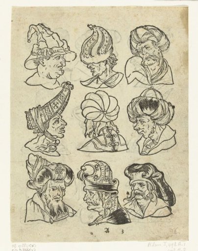 Nine Male Heads with Various Types of Headgear, Such as Turbans