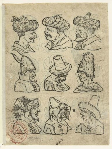 Nine Male Heads with Various Types of Headgear, Such as Turbans