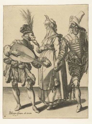 A masked couple and a masked lute player