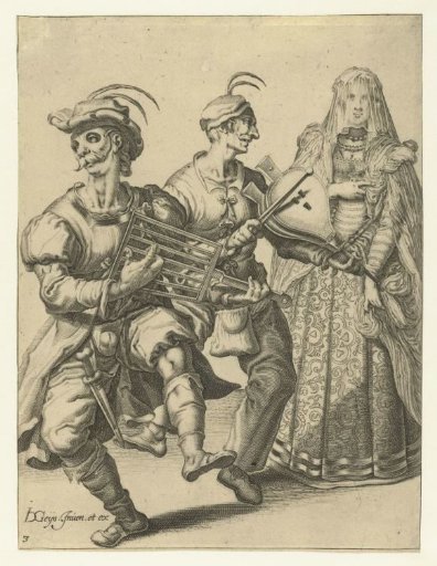 A veiled lady and two masked musicians
