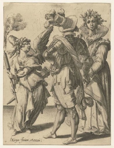 A blindfolded Cupid with a torch before a couple in festive attire