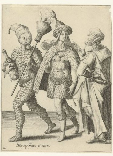 Three masked figures, one of them with a broom in which candles have been stuck
