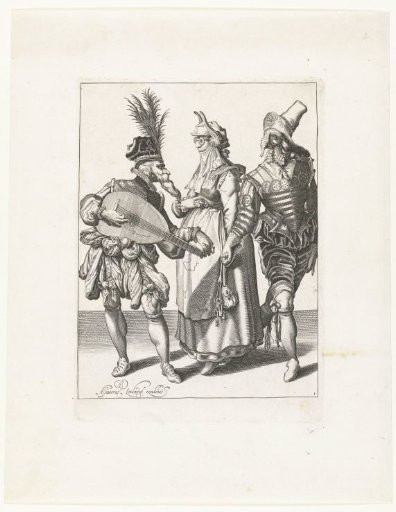 A masked couple and a masked lute player