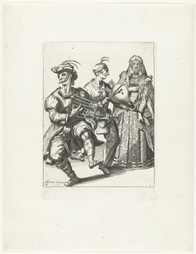 A veiled lady and two masked musicians