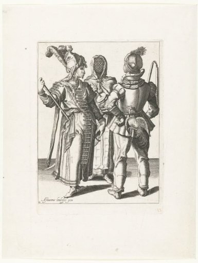 A veiled woman and two masked men, one with a rooster at his belt