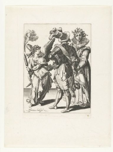 A blindfolded Cupid with a torch before a couple in festive attire